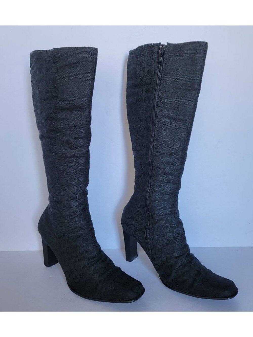 Catherine Malandrino Black Monogram Knee High Boots Block Heel Fall Chic. Sz 7.5